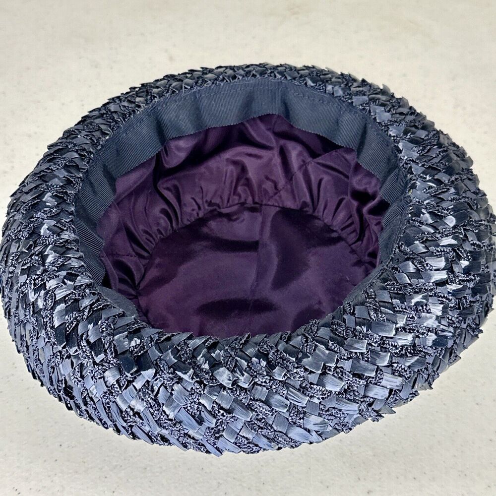 Vintage braided straw 1960’s Ribbon Navy Blue Womens Bowler Clouche‎ Hat - Picture 5 of 7